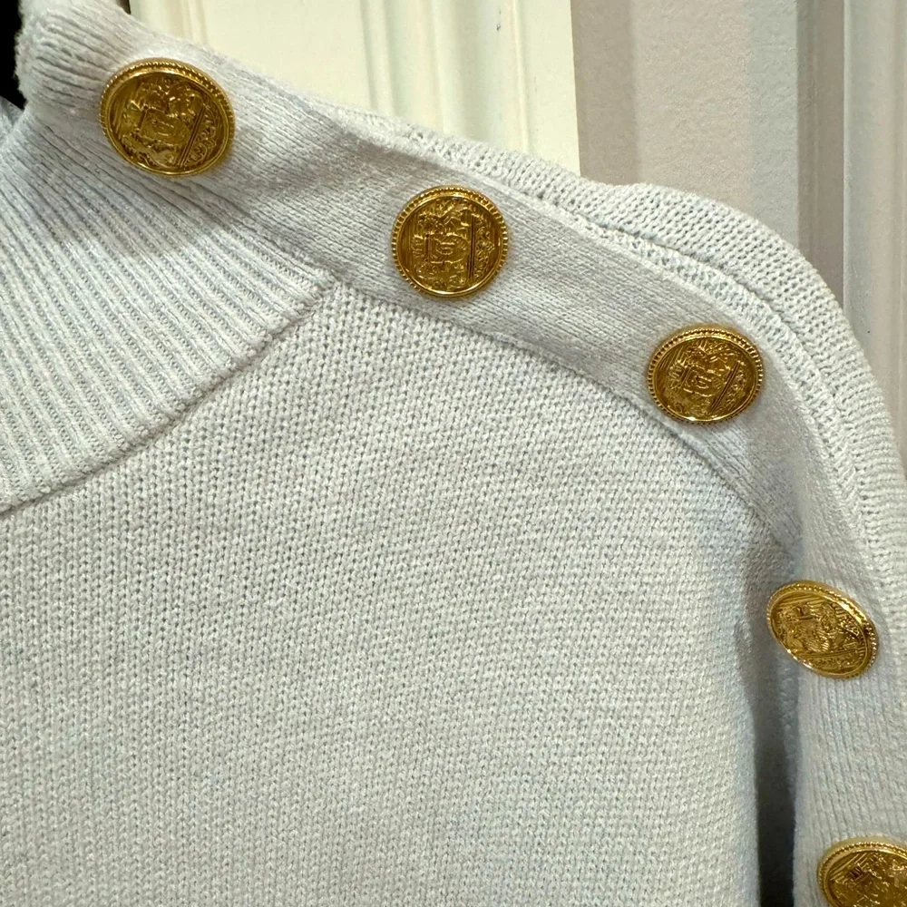 Nicole Miller Black and White Striped Sweater with Gold Buttons - Size Medium